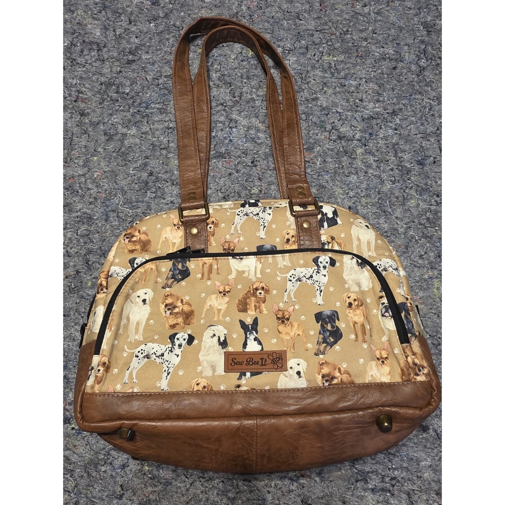 898 Sew Bee It Dog Breed Print Shoulder Bag Brn Faux Leather Trim Tn Canvas Tote